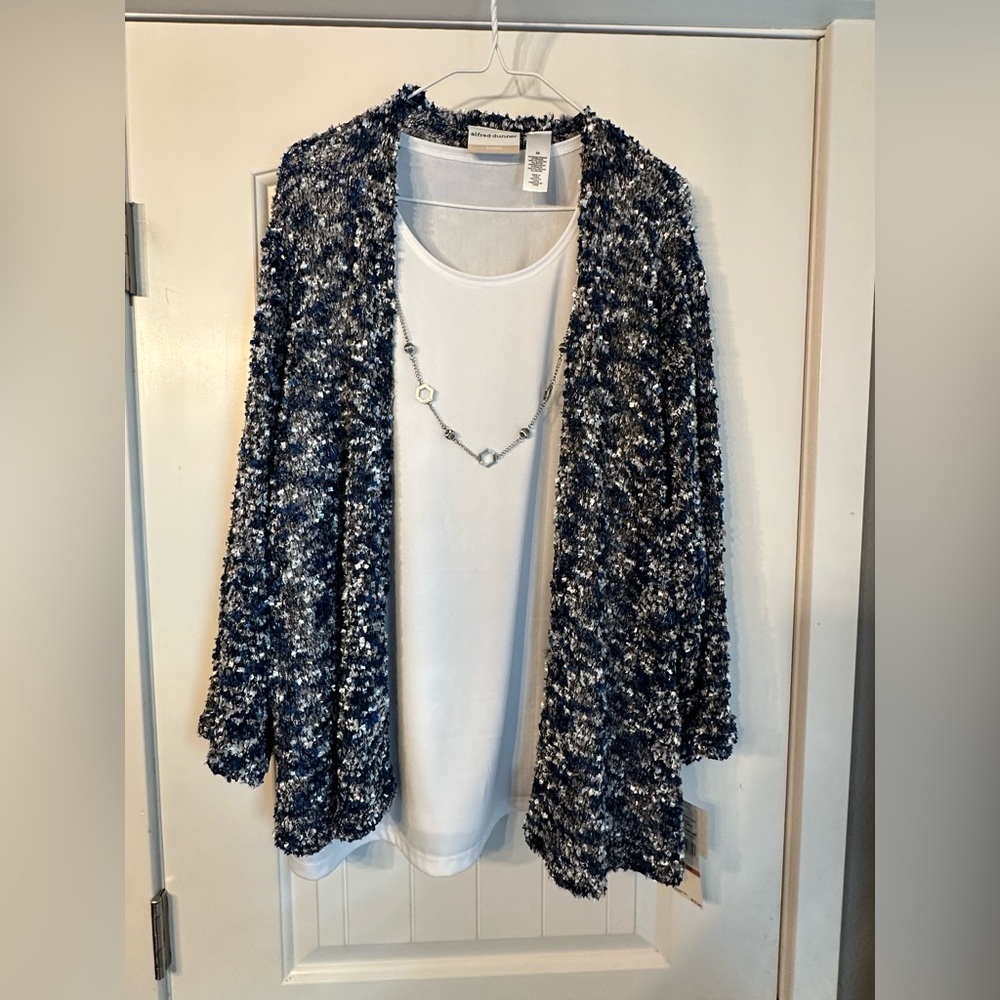 Alfred Dunner Navy and White Textured Cardigan Blouse set